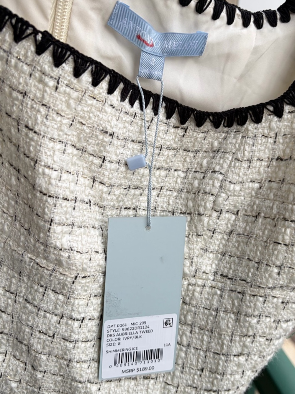 🆕Antonio Melani Aurelia Tweed Mini Dress Ivory Black Trim Ruffle 4,8,10,12 - Picture 14 of 17